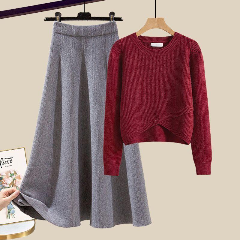 Spring suit women's 2 new large size wear temperament knitted sweater skirt Maillard wear a complete set