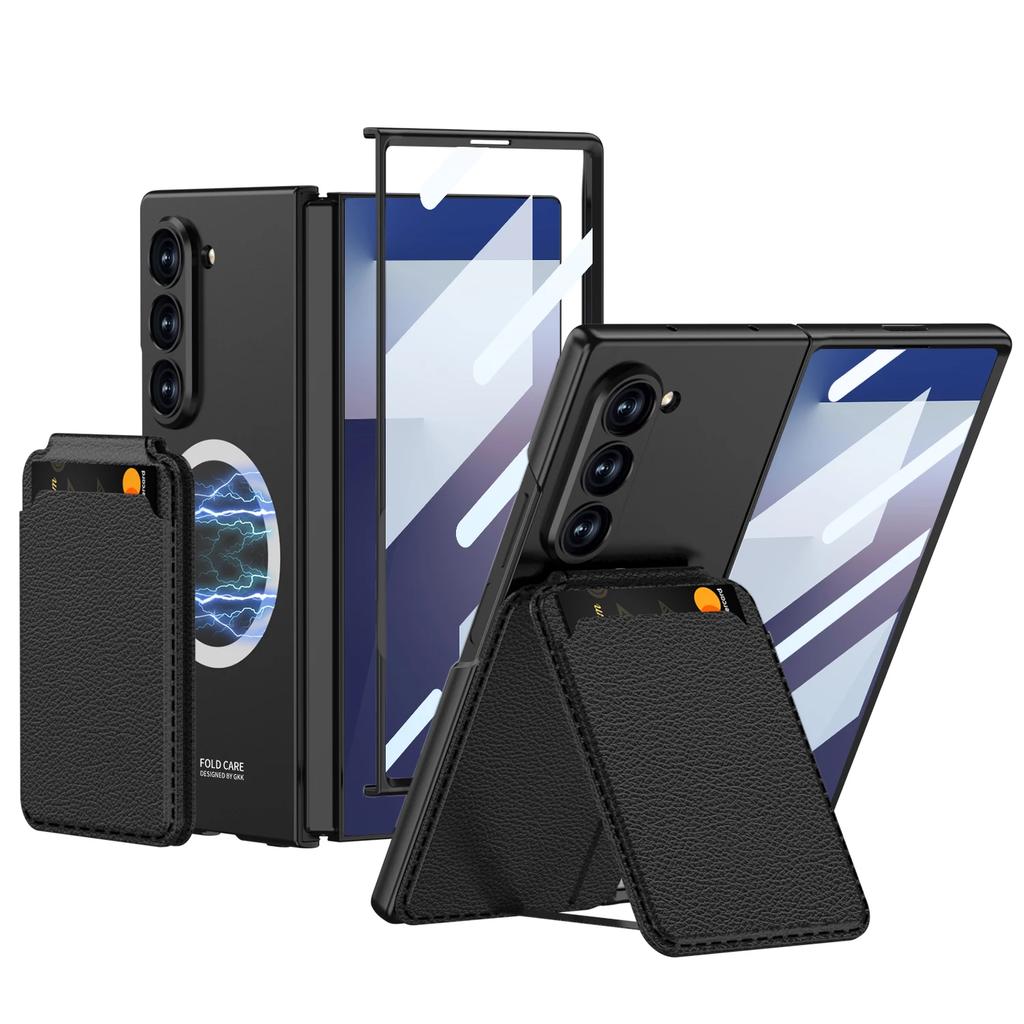 Magnetic Detachable Card Holder Bracket Phone Case for Samsung Galaxy Z Fold 7 6 Fold7 Fold6 with Tempered Film Protective Cover
