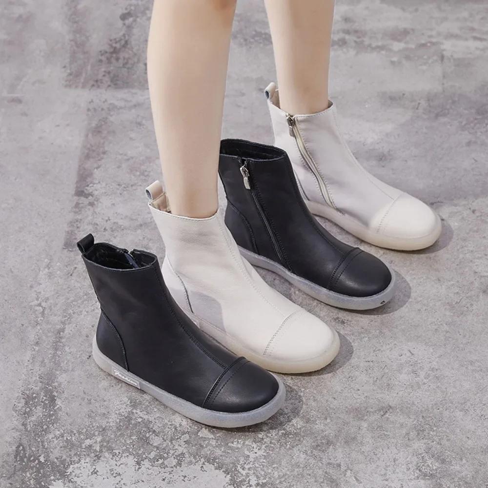 Short Boots Women's Autumn Winter New Item Cowhide Soft Soled Women's Boots Casual High Top Shoes Side Zipper Ankle Boots Women