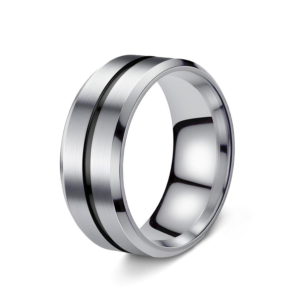 Fashionable 8mm Men's Black Stainless Steel Wedding Ring with Black Groove Beveled Engagement Ring, Suitable for Men's Valentine