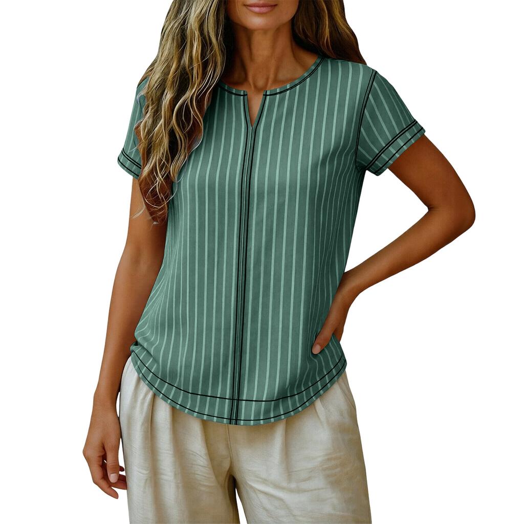 Women's Casual Loose Fit Short Sleeve T-Shirt with Round Neck Vertical Stripe Pattern Comfortable Lightweight Top for Everyday Wear