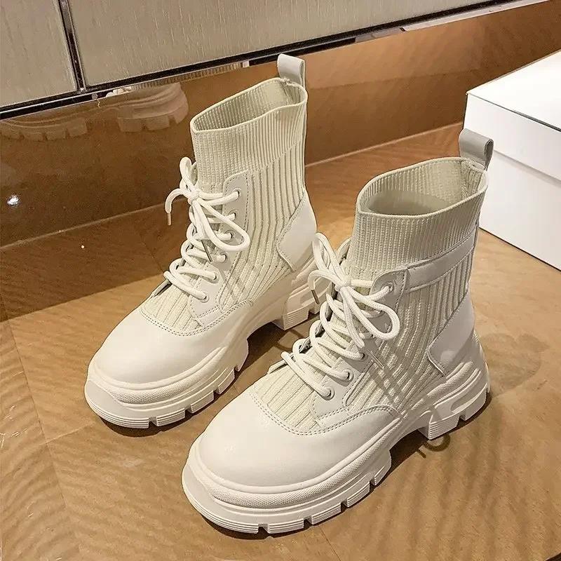 Dámské kozačky Létající pletenina Podzim Zima Nové Kulatá špička Šněrovací Vysoký podpatek Pohodlné Krátké kozačky Plochý podpatek Kotníkové kozačky