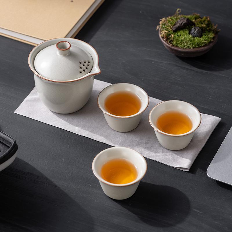 Light luxury Ru kiln open travel tea set outdoor portable one pot three cups high-end business practical