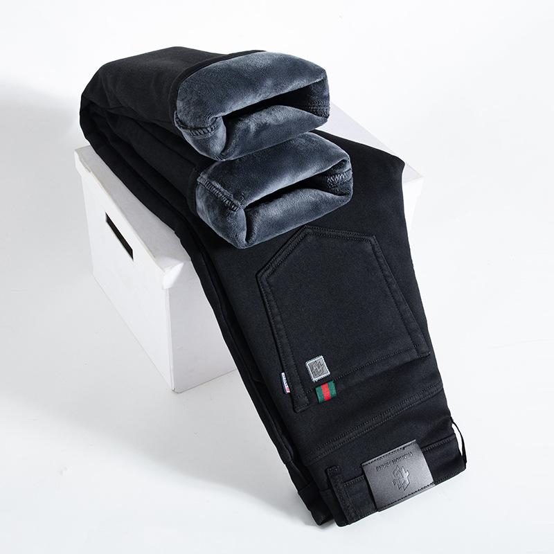 Autumn And Winter Elastic Fleece Warm Jeans Men'S Business Loose Straight Leg Pants Winter Casual Plus Plus Size Men'S Pants