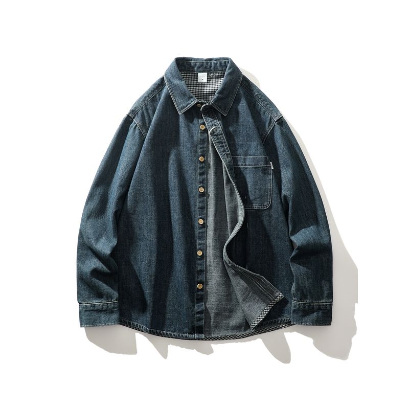 American Retro Amekaji Denim Shirt Layered with a Men s Long-Sleeve Jacket, Export Men s Casual Shirt Nostalgic Blue 2XL