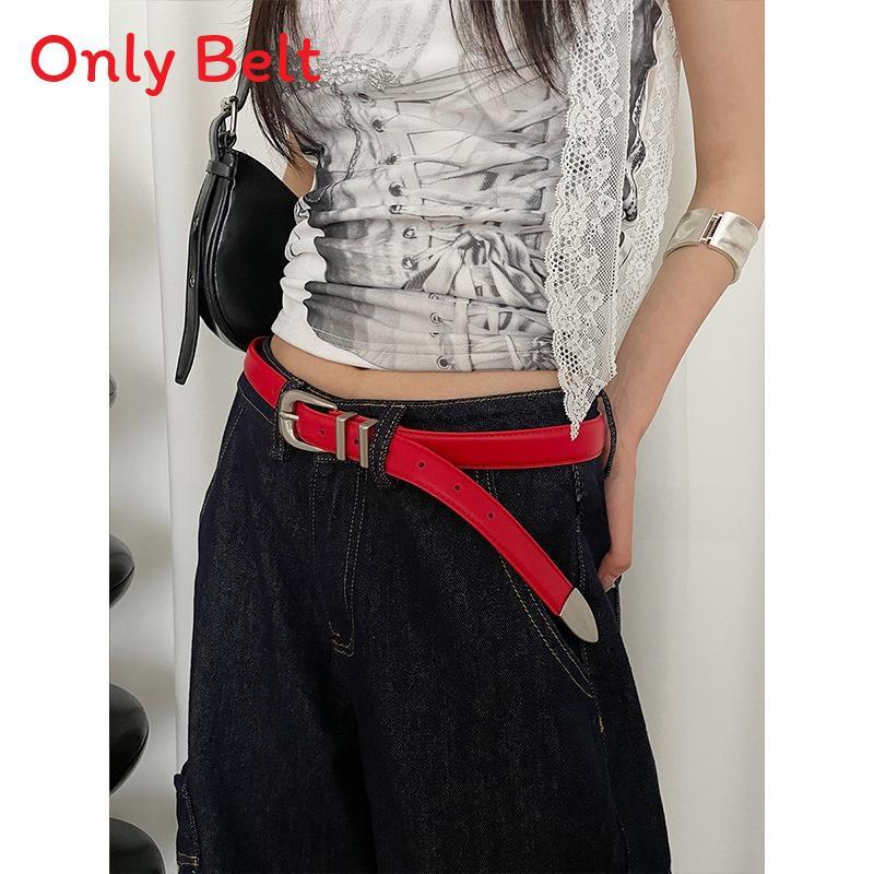 

Leather Belt For Women With Vintage Design And Metal Buckle For Casual Wear красный