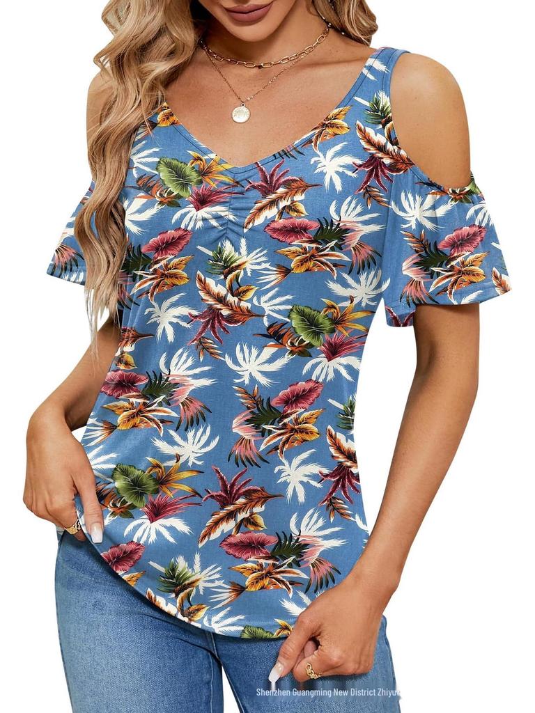 2025 Summer Off-the-Shoulder V-Neck Print Top for Women