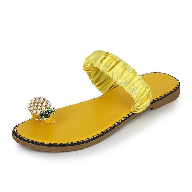 

Fashion 2025 Anti Slip Slippers Pineapple Lace Beach Shoes HOT Large Size Sandals Women Toe Sandals Water Drill Flat Bottom Slippers 35 жёлтый