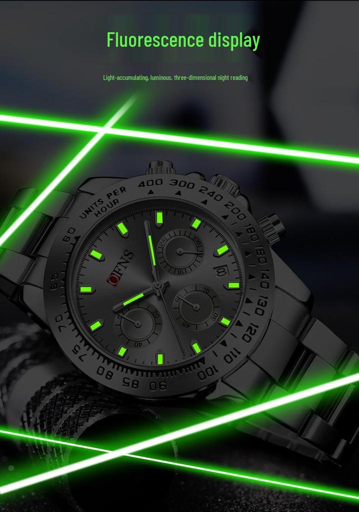 OFNS Men's Quartz Watch: Fashionable Business Design, Six-Hand Dial, Calendar, Solid Steel Band, Waterproof.