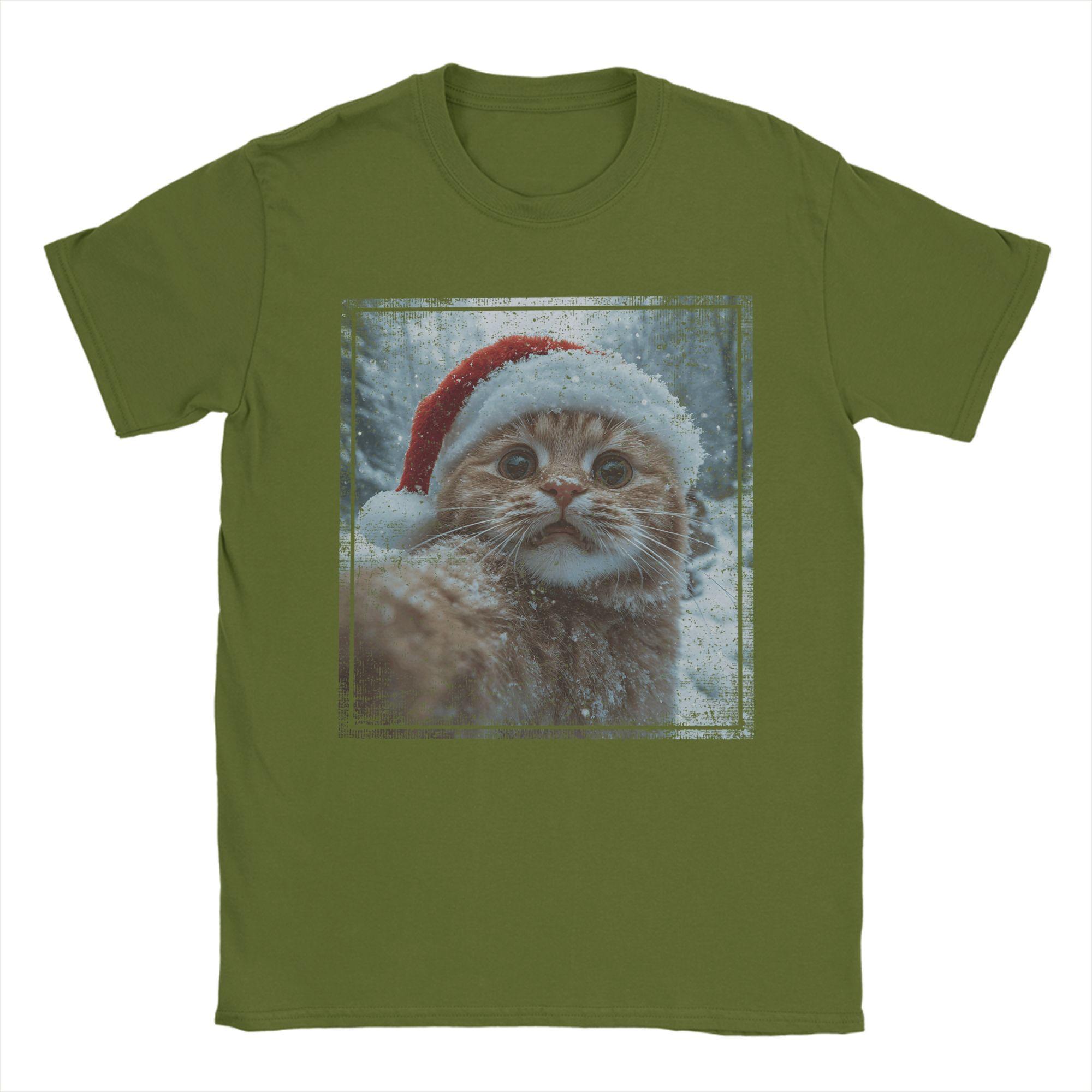 

Amazing Funny Christmas Cat Selfie Santa Hat T-Shirts for Men Crew Neck Cotton T Shirt Short Sleeve Tee Shirt Gift Clothes 4XL