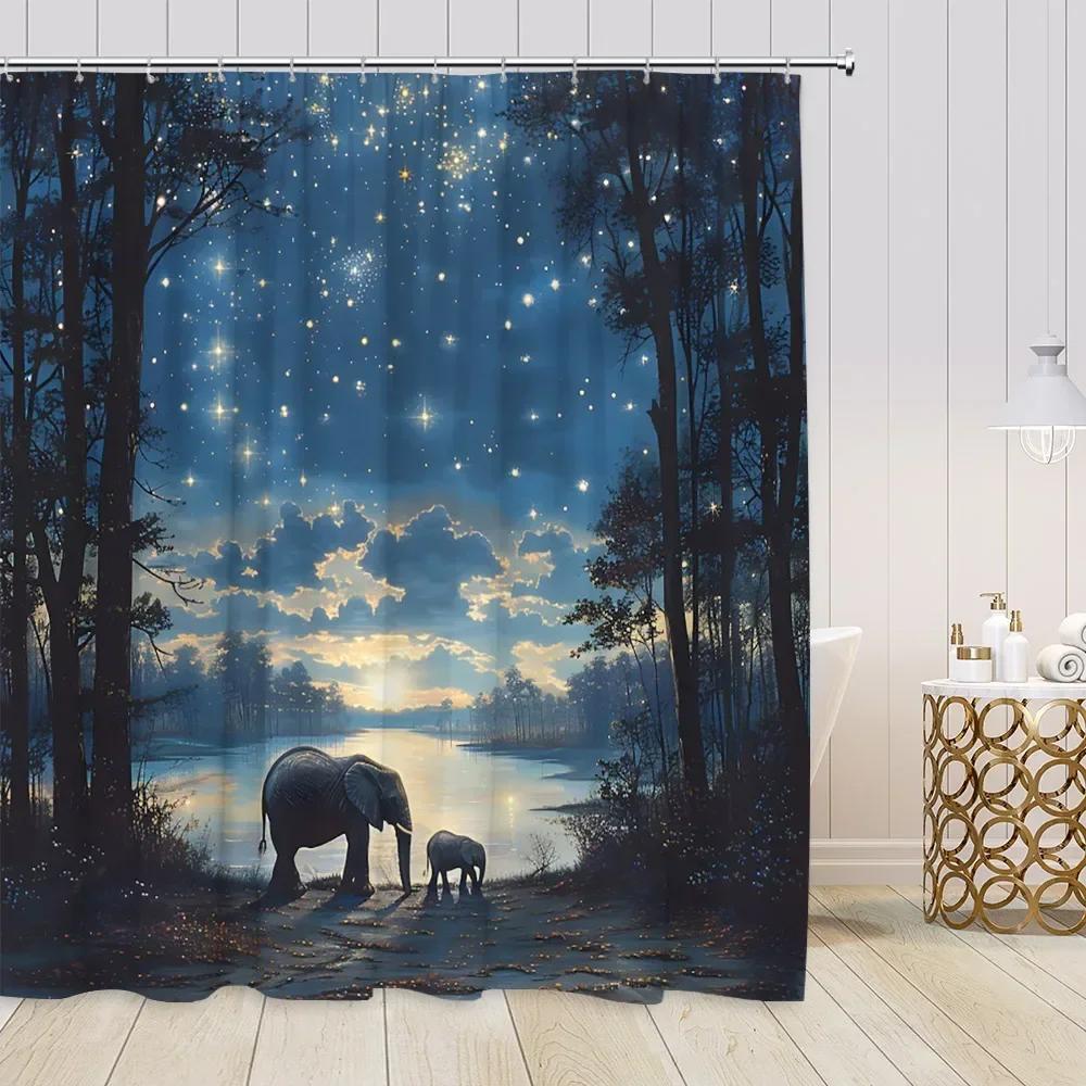 Starry Sky Night Forest View Shower Curtains Animals Fantasy Night View Pine Trees Bathroom Decorations Modern Bath Curtains