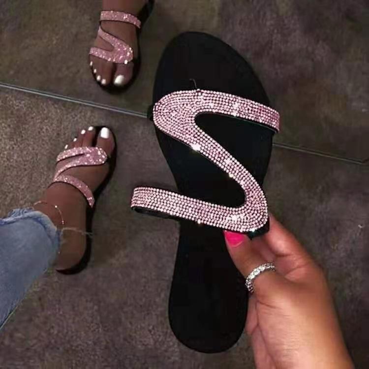 Sexy Frauen Sandalen Sommer Strand Flacher Mund Strass Damen Modenschau Bequeme Leichte Schuhe Sandalias Femininas