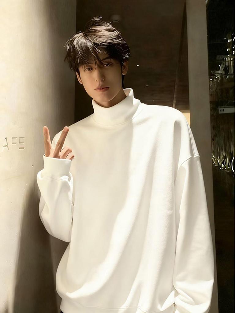 Men's Autumn/Winter Heavyweight Velvet Hoodie with Half-High Collar, Solid Color, American Style, Versatile and Casual.