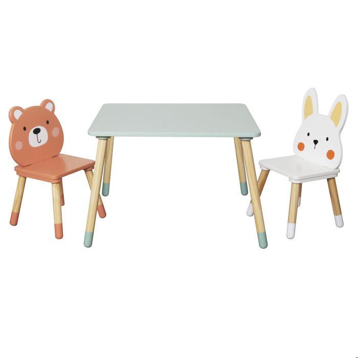 Table Enfant Bois avec 2 Chaises GINGER HOME Motif Ours et Lapin Ensemble Jeu et Apprentissage