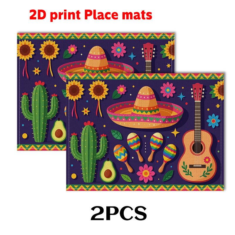 Mexican Fiesta Placemats Set Of 4 Colorful Cactus Guitar Sombrero Table Mats Boho Kitchen Decor For Party Dining Room Table 4PCS