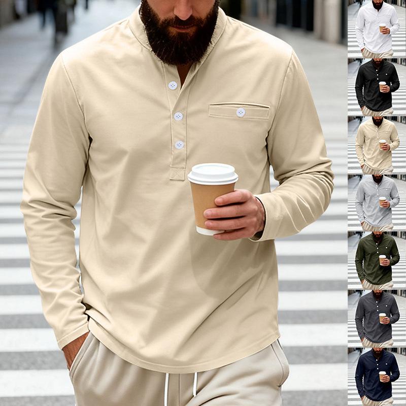 Men Solid Color Long Sleeve Round Neck Button Decor Casual Loose Polo Shirt