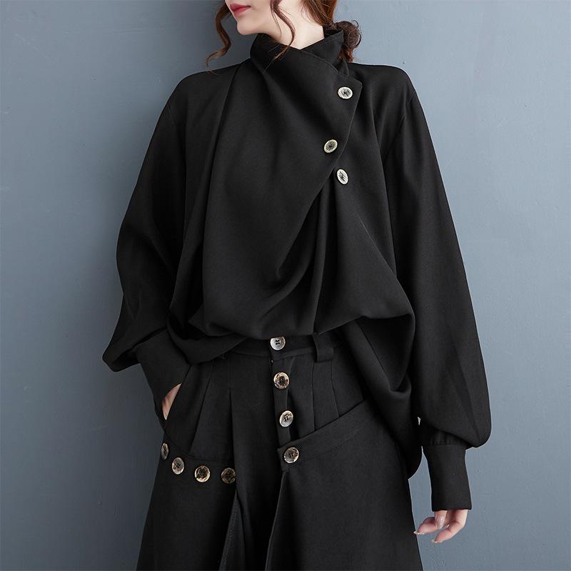 Dark Style Ruffle Neck Long Sleeve Casual Shirt