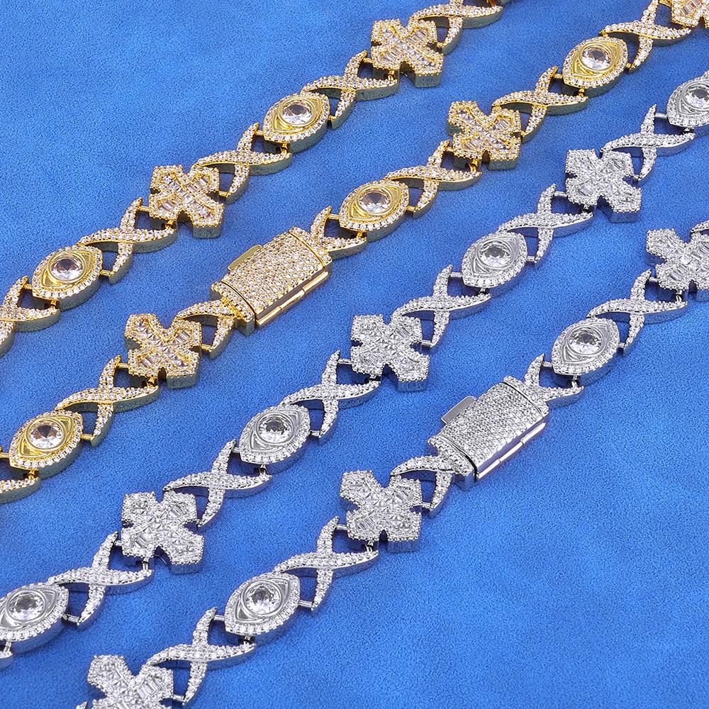 Christmas Gift 15mm Cross Eye Cuban Chain Iced 5A Cubic Zirconia Hip Hop Fashion Men's and Women's Jewelry Bracelet