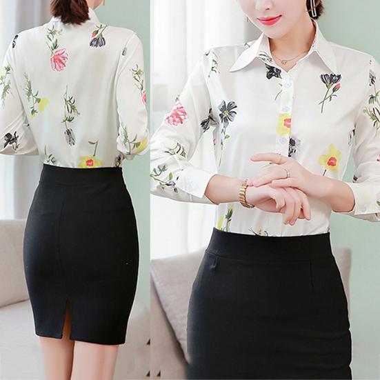 Slim Large Size Floral Fit Print Lapel Casual Button Long Sleeve Shirt Blouse