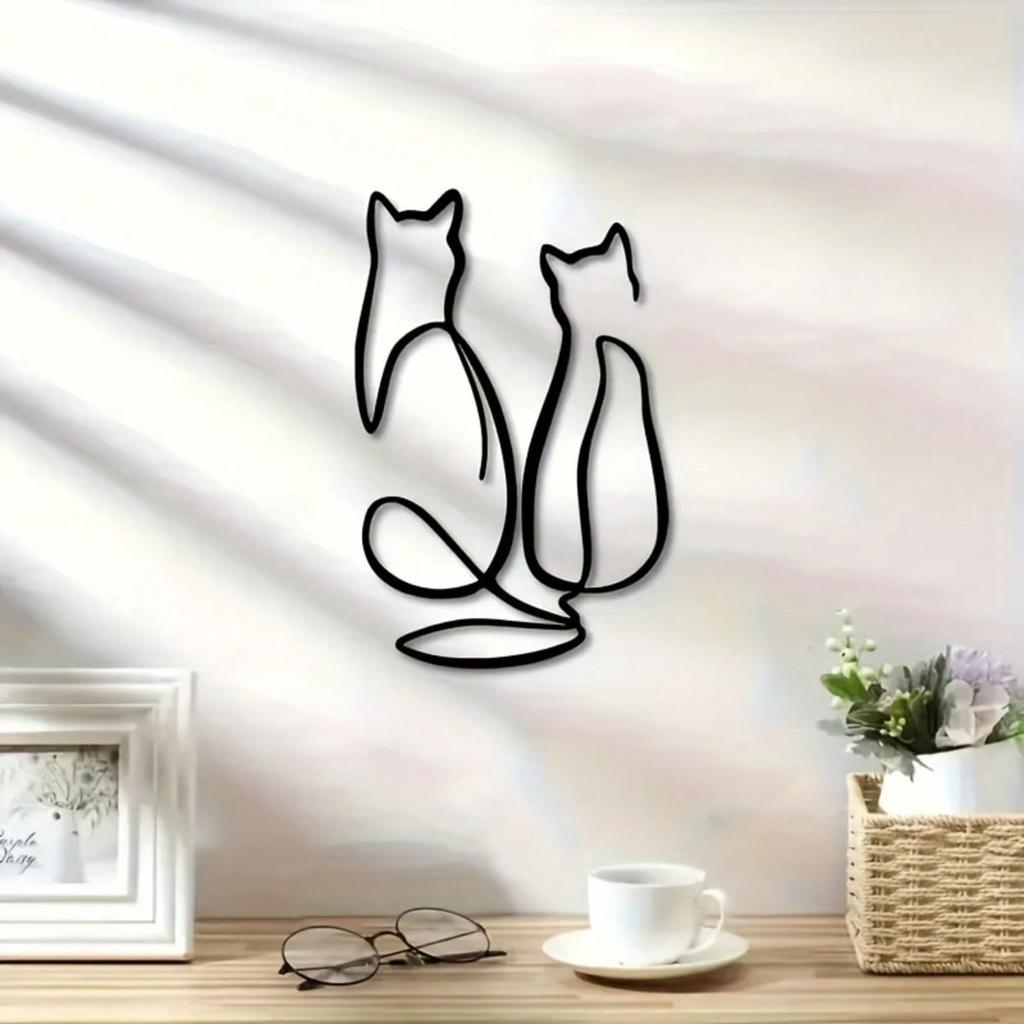 Simple Lines Art Metal Wall Decor Geometric Animal Cat Love Theme Mural