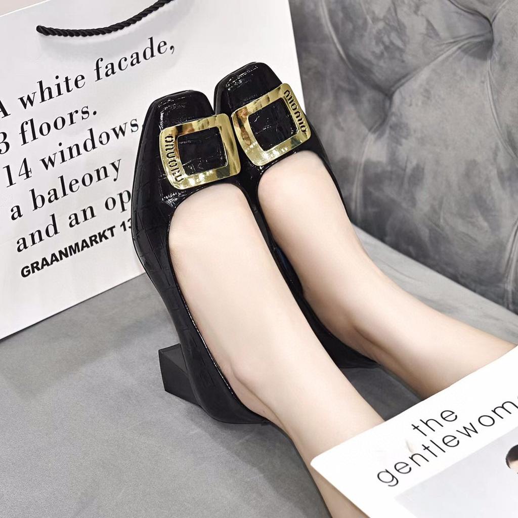 Square Head High Heels Women's Spring and  New Shallow Thick Heels Women's Shoes Square Buckle Work Shoes Cow Patent Leather High Heels Single Shoes