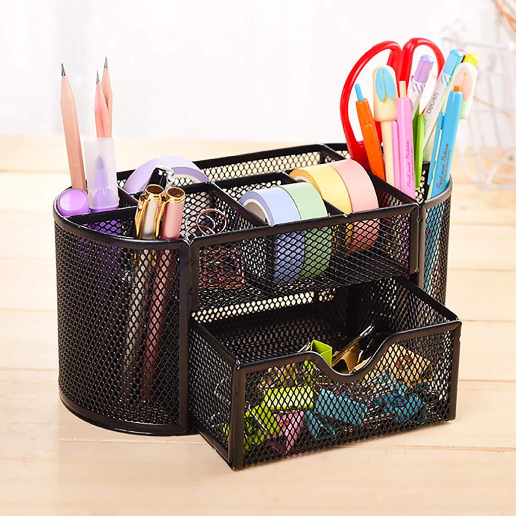 VANRA Pen Holder Metal Mesh Desk Organizer with Drawer Accessory Case Multifunctional Stationery Storage Supplies 8 Sizes