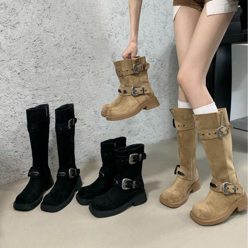 2025 autumn and winter new thick heel retro western boots belt buckle british high locomotive high boots