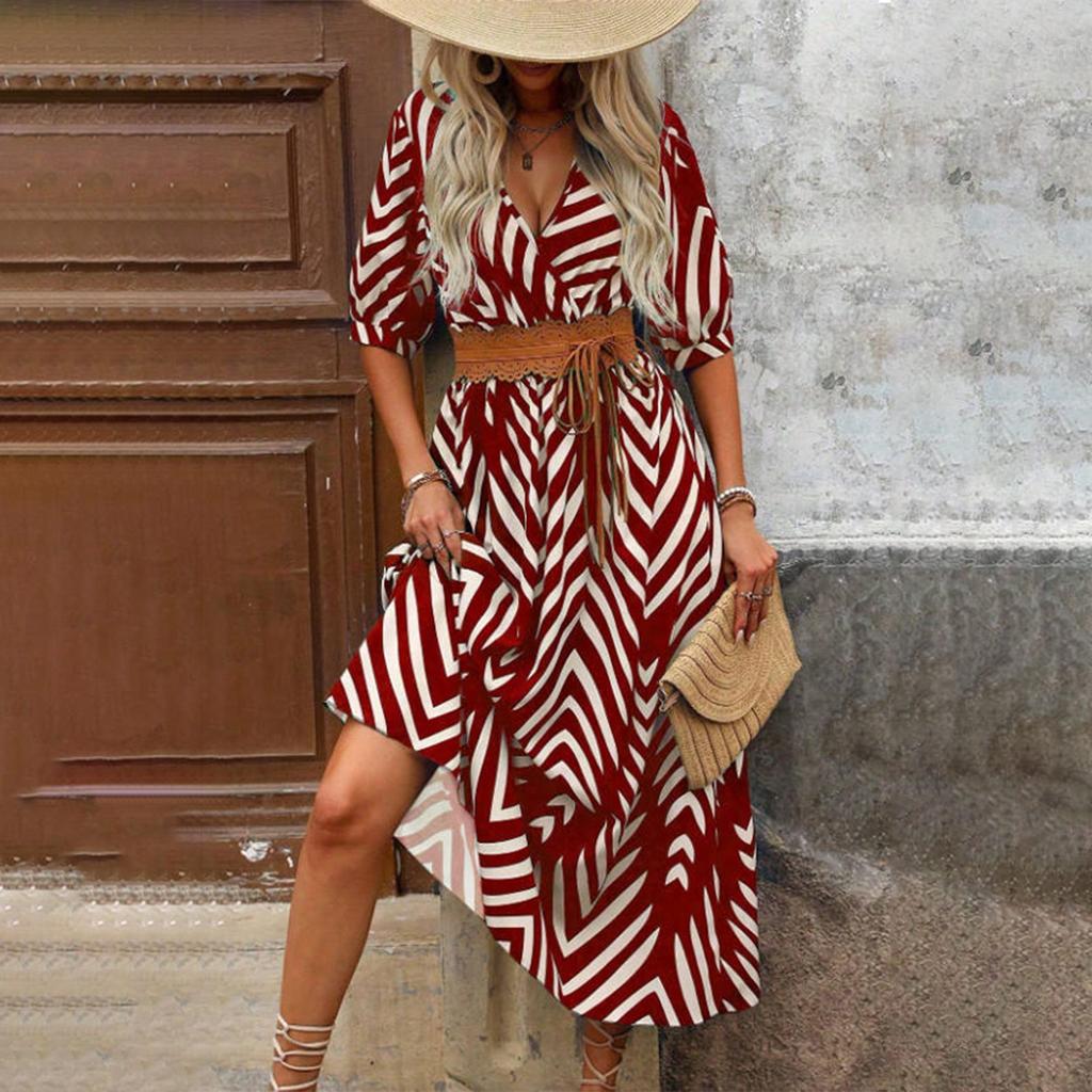 Ladies' Summer Loose Half-sleeved V-neck Blouse With Loose And Tight Waistline Casual Dress