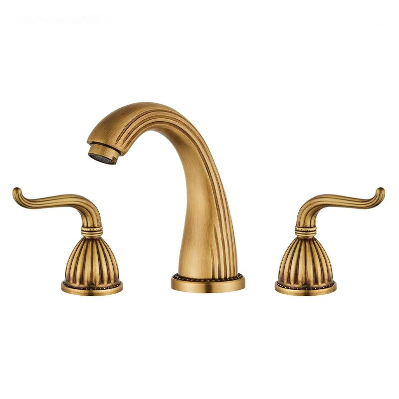 Tuqiu Gold Bathroom Faucet Widespread Sink Tap Brass Antique Basin Faucet Black Lavotory Faucet 3 Hole Hot & Cold Water Tap