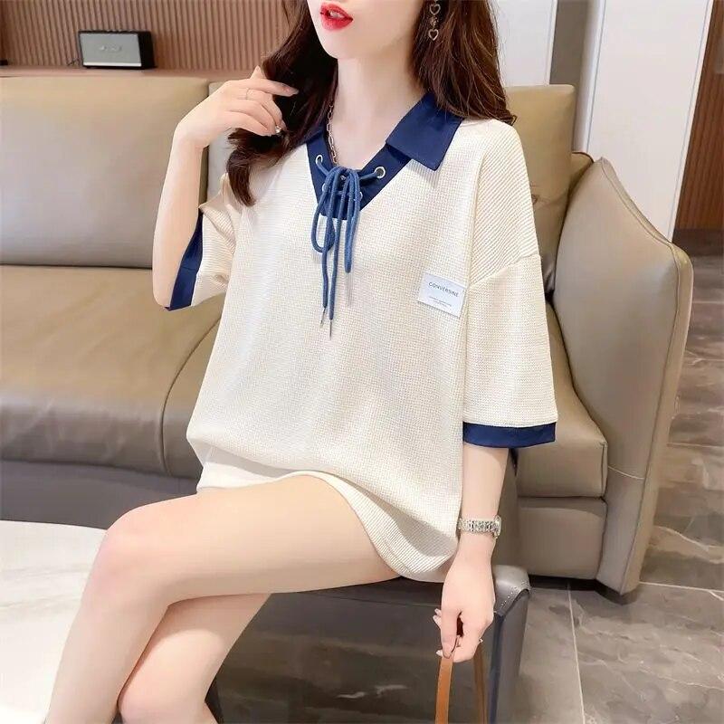 

2023 женская летняя контрастная цветная милая шикарная футболка на шнуровке, модная повседневная уличная одежда, свободные футболки Y2K, милые топы с короткими рукавами, Ropa XXL абрикосовый