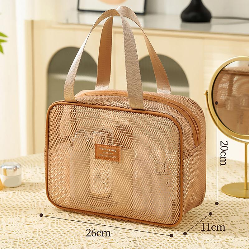 Portable Solid Color Mesh Cosmetic Bag Lightweight Space Saving Zipper Bags Large Capacity Travel Toiletry Storage Handbag