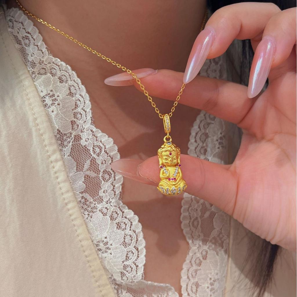 Ancient Frosted Tiger Eye Baby Buddha Necklace Braided Lotus Small Gold Buddha Pendant Necklace
