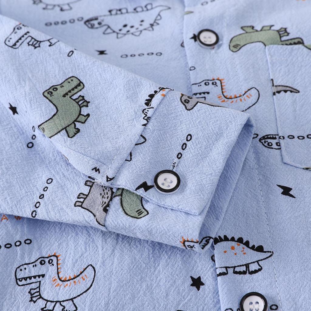 Boys' Dinosaur Print Two-Piece Set: Lapel Long Sleeve Top & Elastic Denim Pants