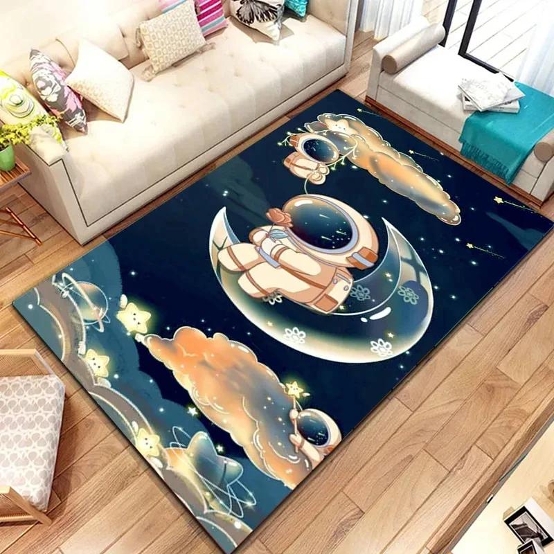 Kreskówkowy Astronaut Kosmiczny Dywan Planeta Kosmonauta Podróż w Kosmosie Nadruk Dywanik dla Chłopca Dziewczynki Sypialnia Salon Wewnątrz Mała Mata Podłogowa