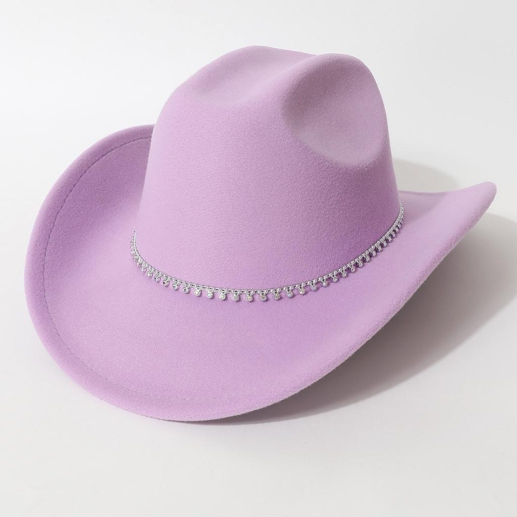 New European and American style flat-top woolen hat, western cowboy hat, unisex hat, equestrian hat with single row of rhinestones
