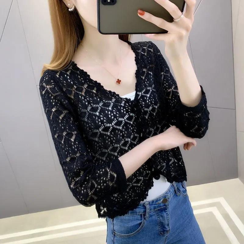 Summer Women's Cut-out Knit Sweater Thin Short Three-quarter Sleeve Sunscreen Cardigan