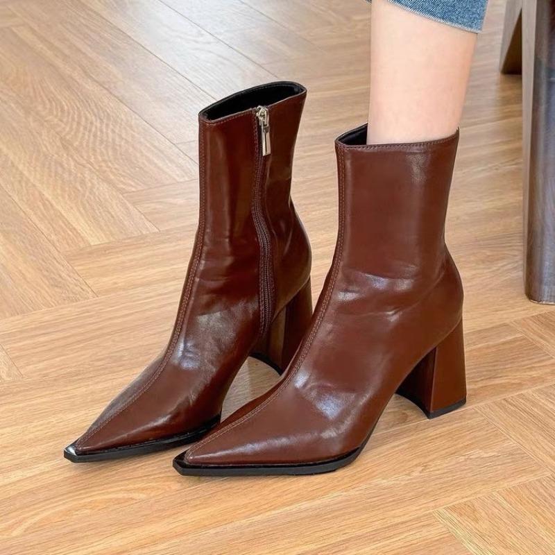 

Модные ботильоны на квадратном каблуке, осенние новинки, с острым носком, боковой молнией, противоскользящие, износостойкие 35