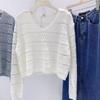 V-neck Hollow Knitted Sweater Women's Long Sleeved Spring and Autumn Sweater Loose Cover Sweater Small Shirt Beautiful Top