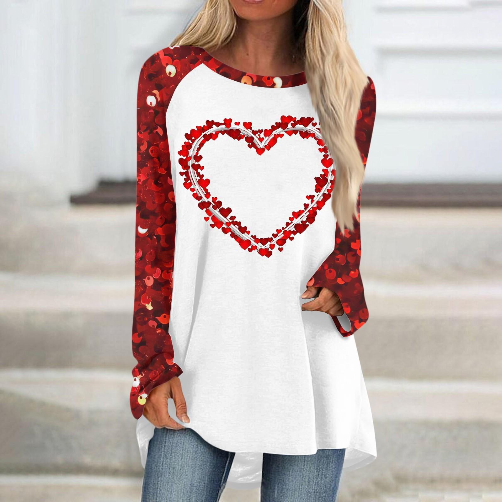 

Женский модный универсальный топ с длинным рукавом и средней длиной с принтом в виде сердечек ко Дню святого Валентина L