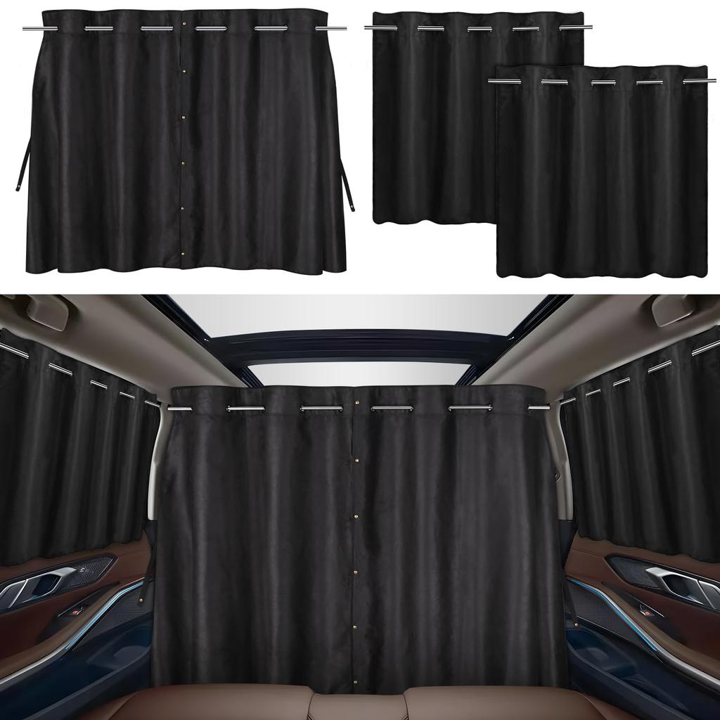 ZATOOTO Car Curtains with Extendable Suede Side Curtains for Room Easy UV Disaster Privacy Set of Black Rods, Dividers, Blackout, Sunshade,