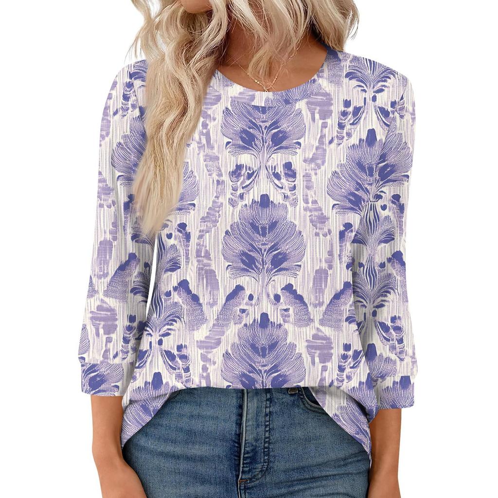 Women's Fashion Casual Round Neck 3/4 Sleeve Loose  Printed T-Shirt Ladies Top