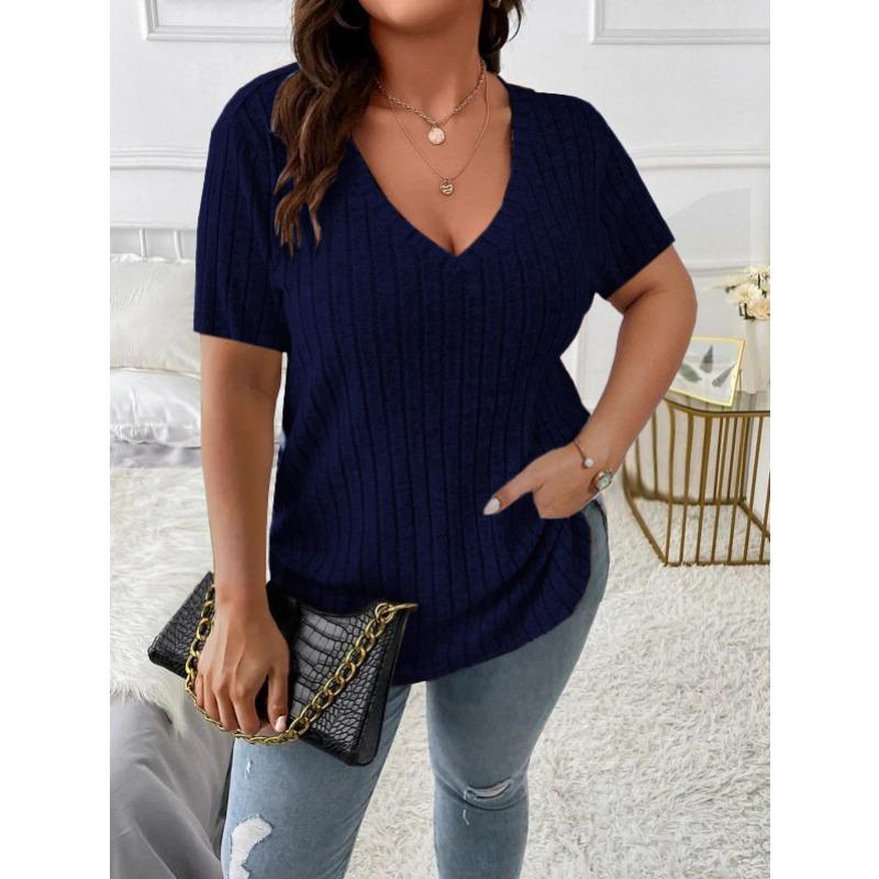 

Весенне-летние элегантные топы чистых цветов с V-образным вырезом, пуловер в рубчик с короткими рукавами, женские футболки больших размеров 5XL темно-синий