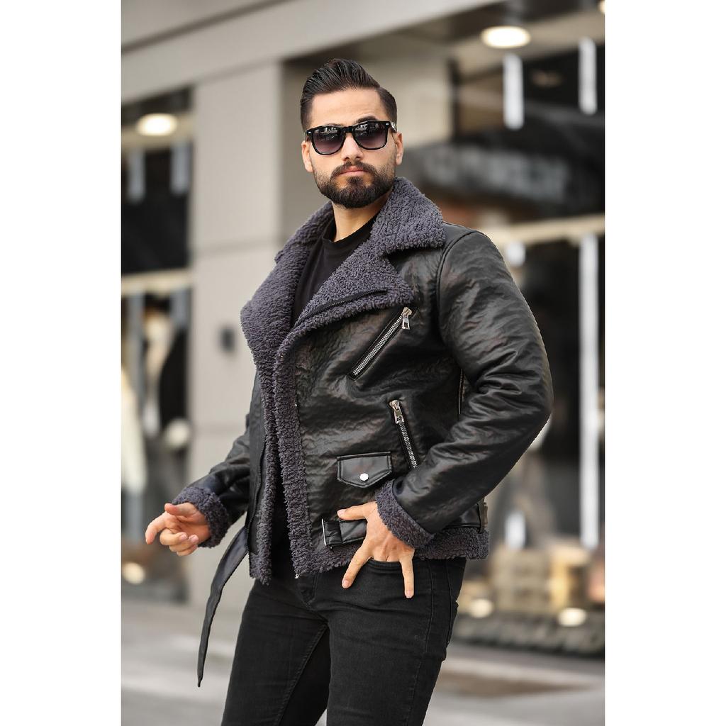 Laminated Leather Double-breasted Coat With Complete Fur Inside