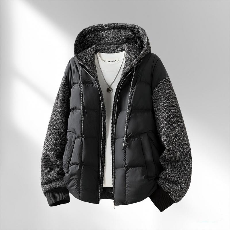 Men's Patchwork Cotton Coat, Velvet Thickened Cotton Coat, Warm Jacket, Hooded Fashionable Outer Coat