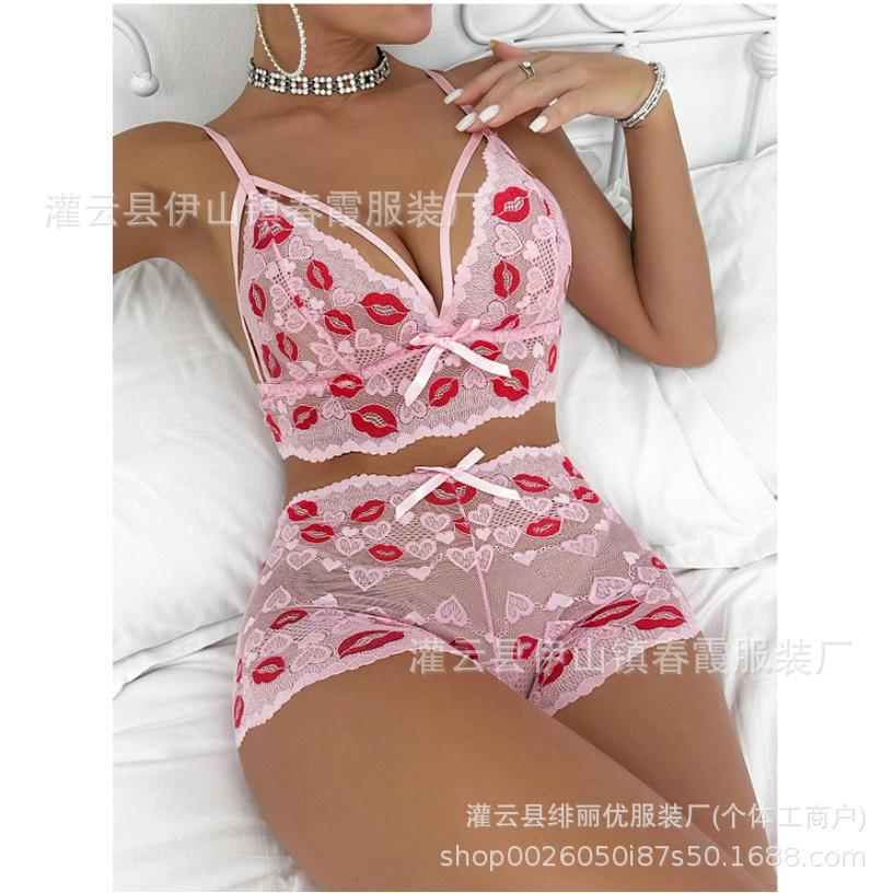 European and American new sex underwear sexy women with small breasts showing big lace printing underwear sex suit S розовый