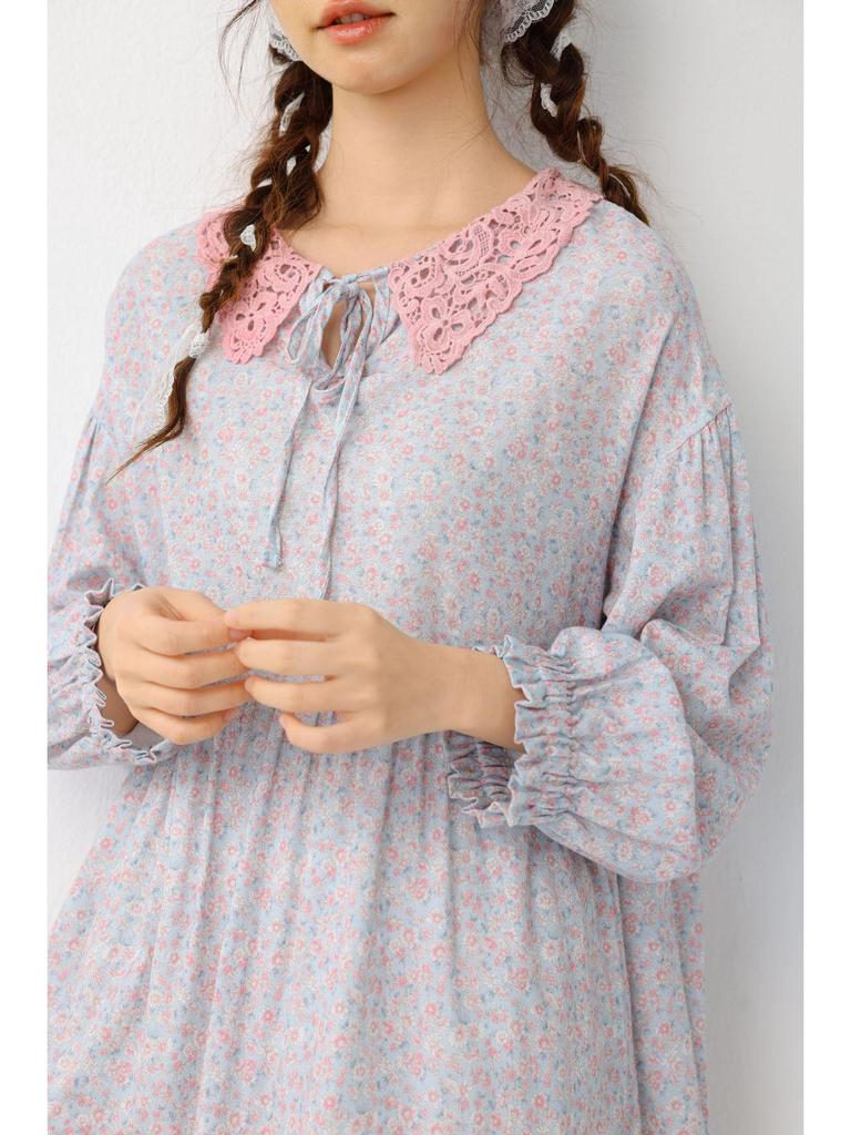 Women's Floral Print Lace-up Doll Collar Cotton Linen Long Sleeve Loose Plus Size Spring Dress