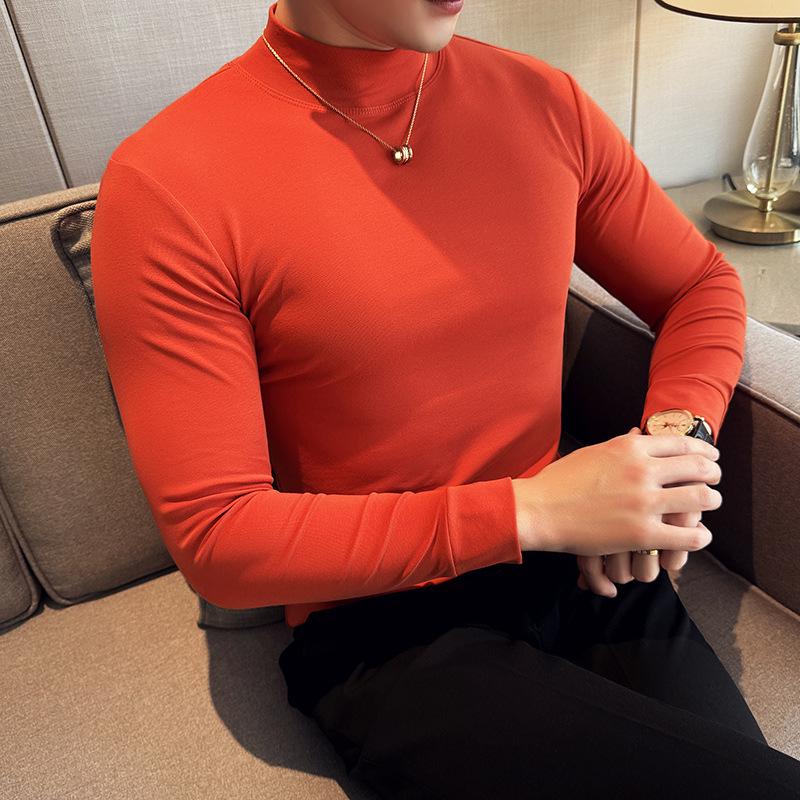 Men's Autumn Solid Color Slim Fit Semi-High Neck Long Sleeve T-Shirt