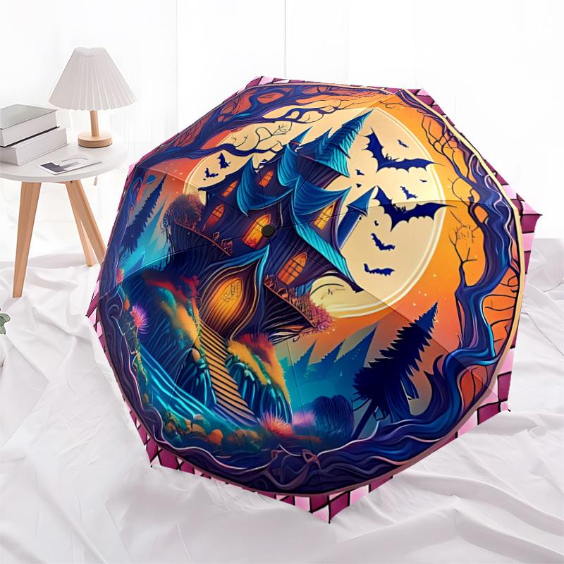 1pc Haunted Castle Automatic Open/Close Umbrella - Portable Collapsible Umbrella with 8-Rib Stability, Fashion Lovers yy251017171