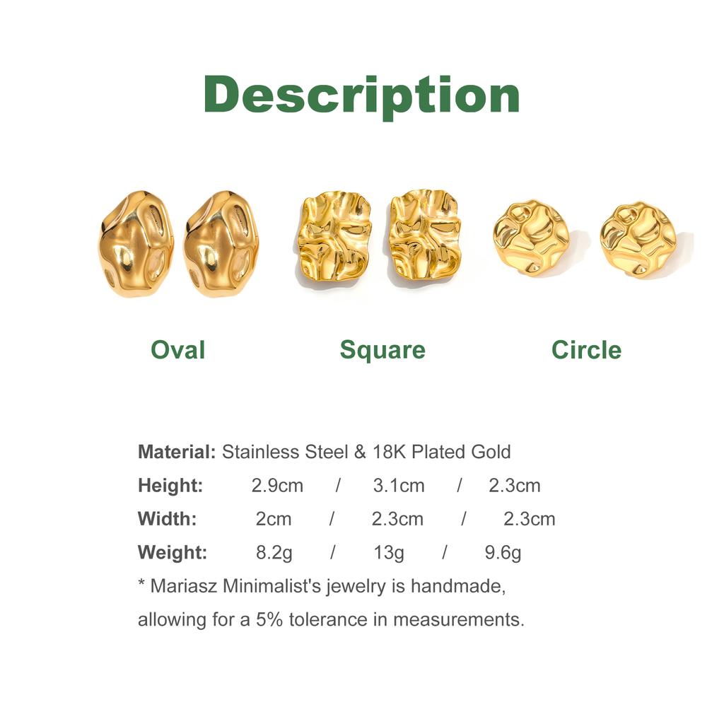 Round Irregular Stone-Shaped Pleated Gold Stainless Steel Stud Earrings for Women Vintage Korean Design Studs Jewelry Set
