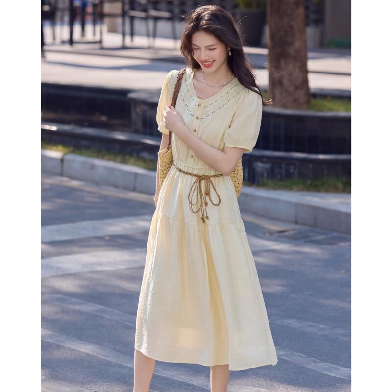 Women's Summer V-Neck A-Line Short Sleeve Tie-Waist Dress
